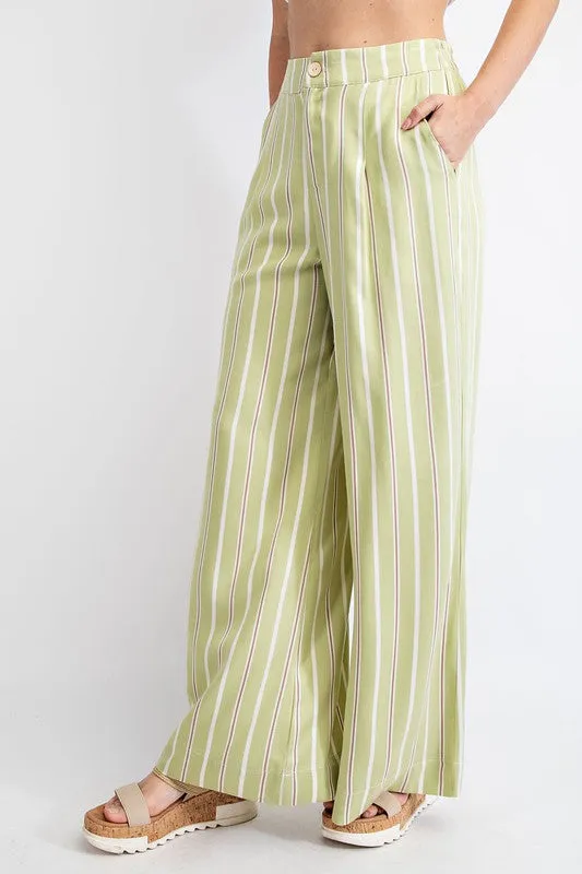 Avocado Striped Hi Waist Wide Leg Long Pants