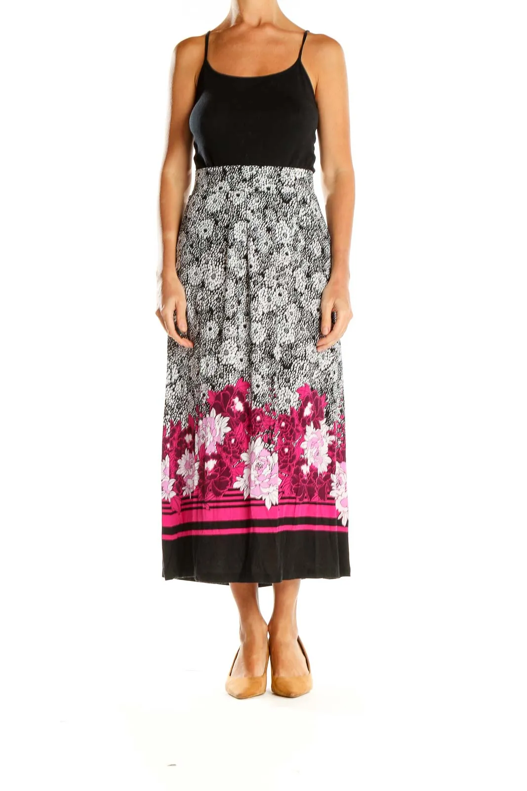 Black and Pink Floral Print Midi Skirt