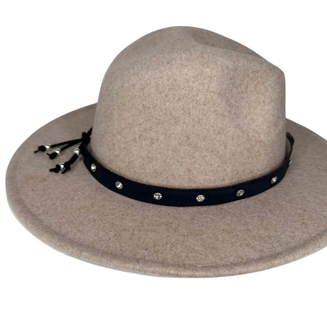 Black Leather Hat Band With Rhinestones and Pearl