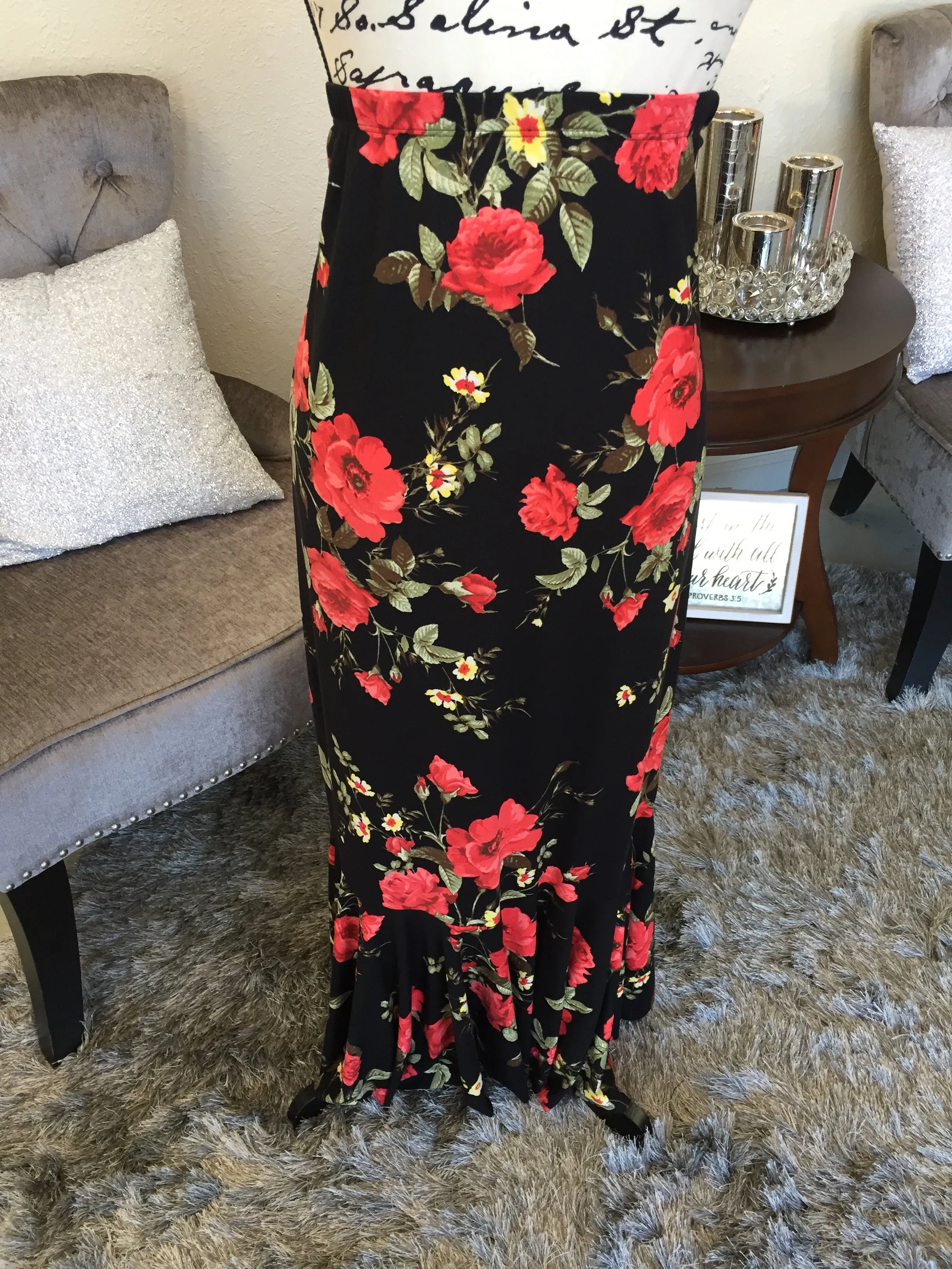 Black /Red Floral Caroline Skirt  (PL)