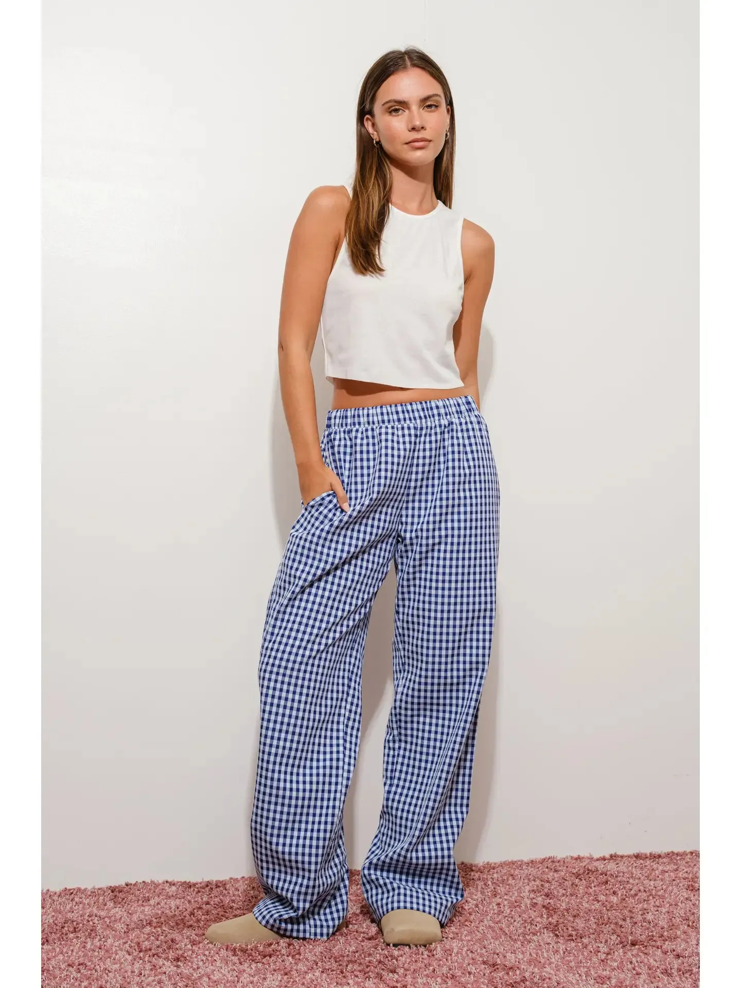 Blue and White Gingham Relaxed Pants