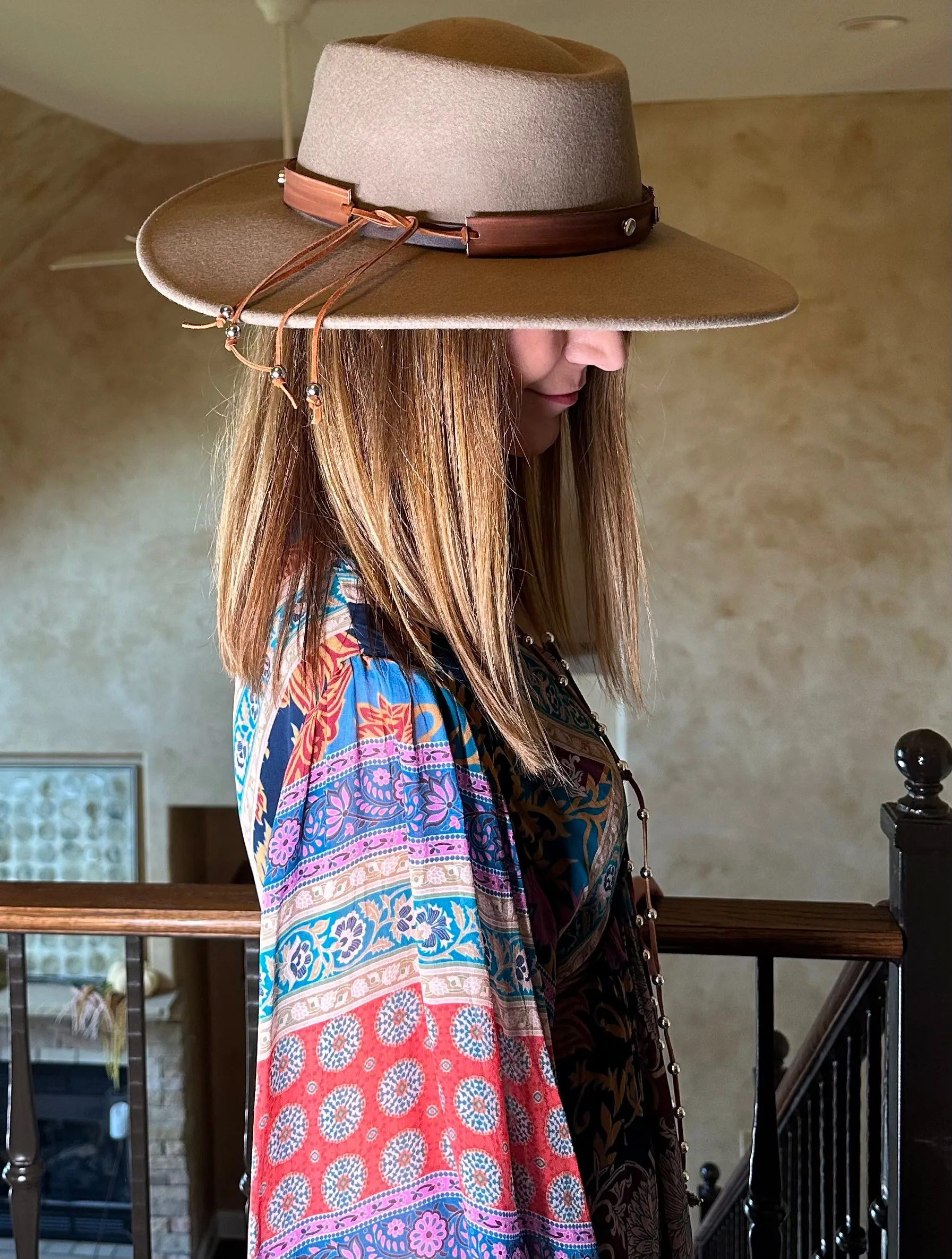 Brown Leather Hat Band Studded With Cross Bar