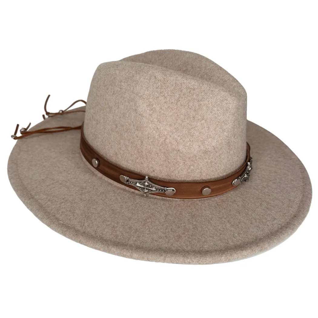 Brown Leather Hat Band Studded With Cross Bar