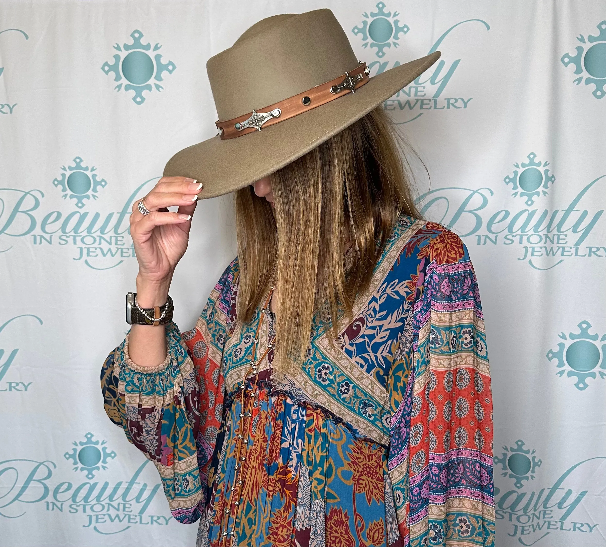 Brown Leather Hat Band Studded With Cross Bar