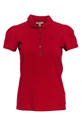 Burberry Brit - Red Half Button-Up Puff Sleeve Polo w/ Logo Embroidery Sz M