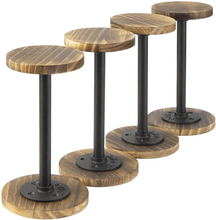 Burnt Wood and Black Metal Pipe Hat Rack Stand, Wig Holder Stand, Tabletop Display Stand, Jewelry Pedestal, Set of 4