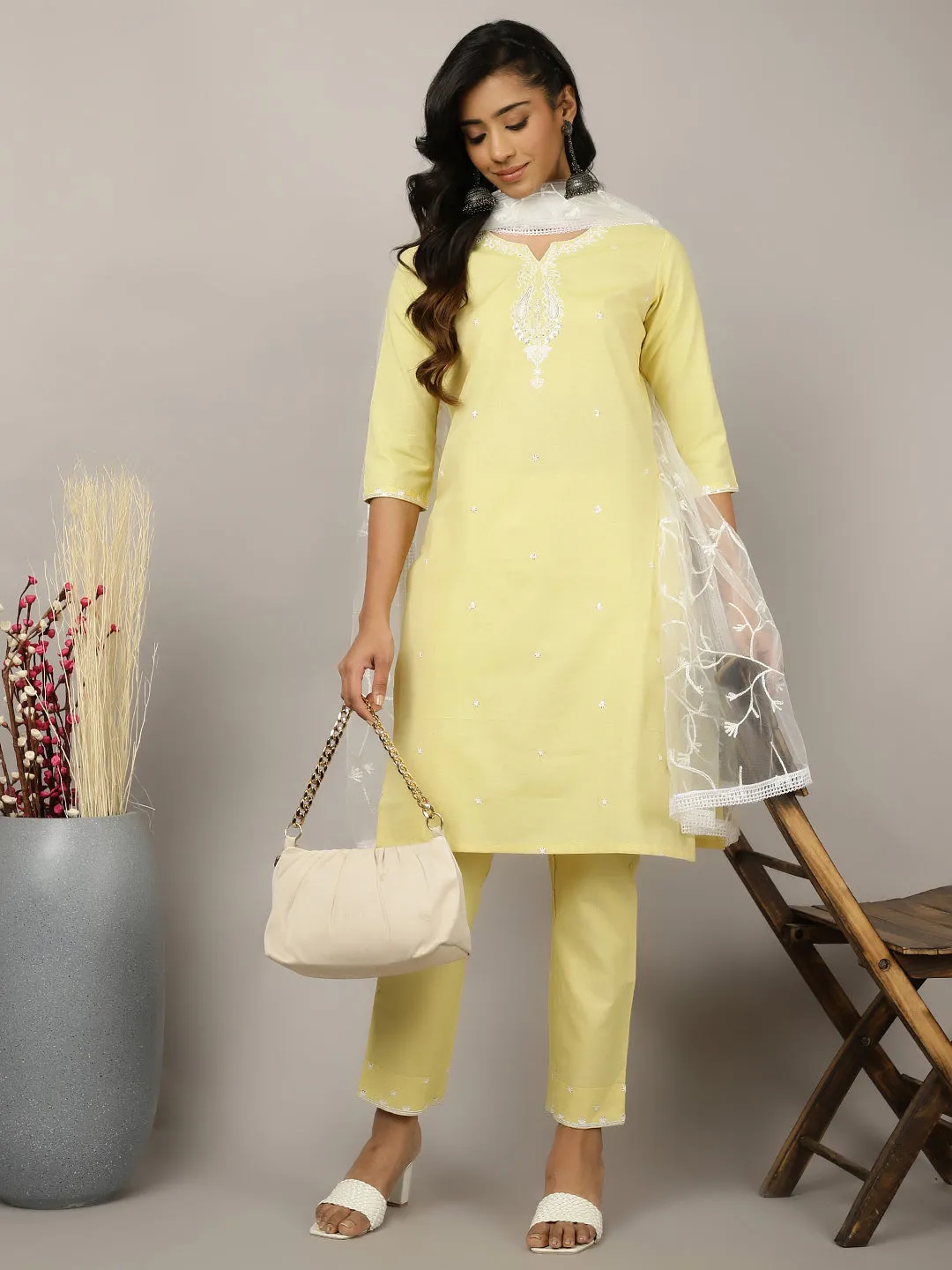 Cotton Thread And Sequin Embroidered Suit Set