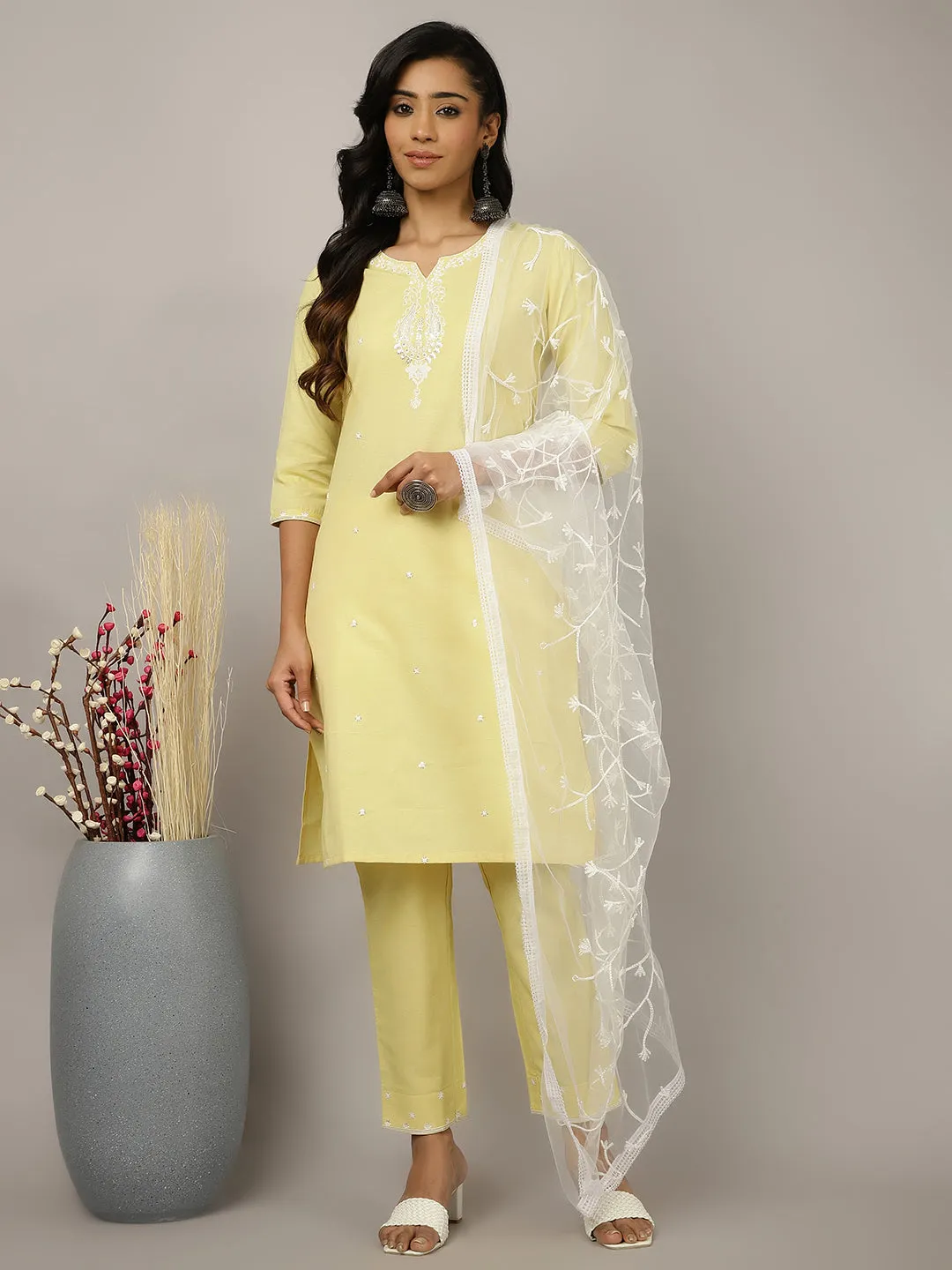 Cotton Thread And Sequin Embroidered Suit Set