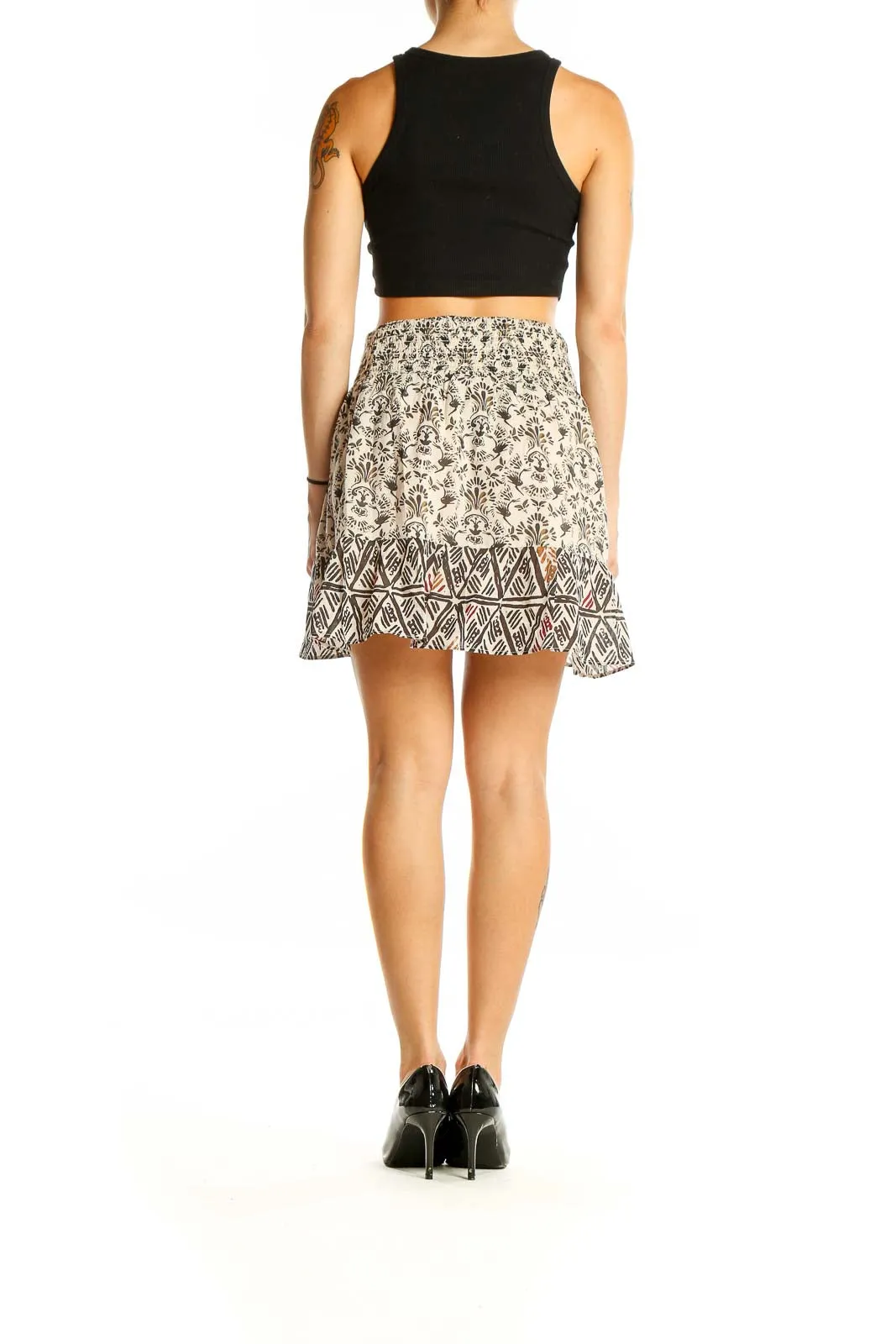 Cream Floral Print Smocked Mini Skirt