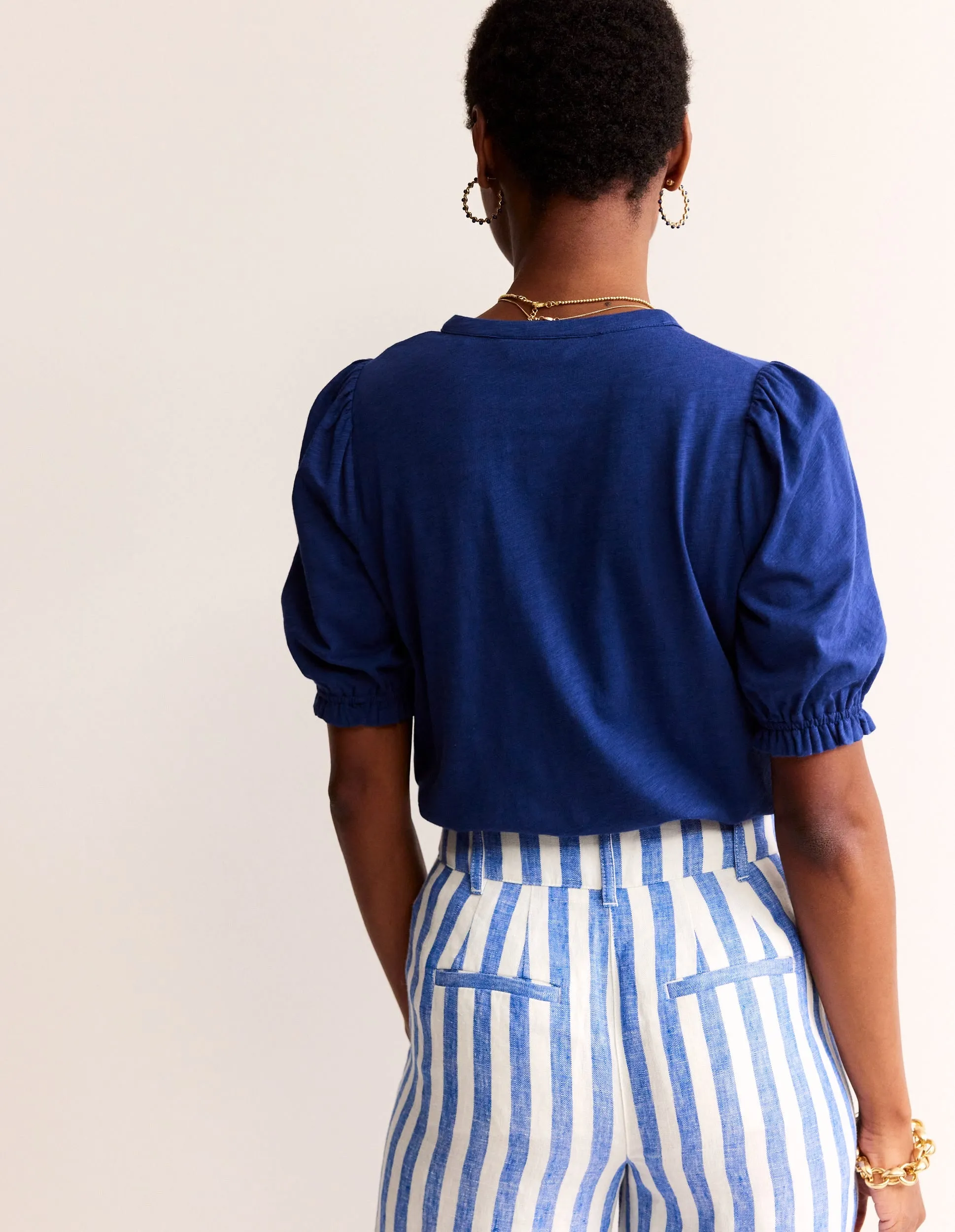 Dolly Puff Sleeve Jersey Shirt-Navy Peony