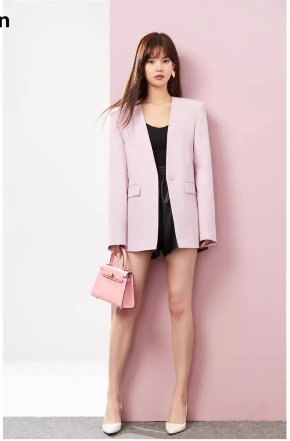 DPLAY pastel pink loose deep V-neck one button suit blazer - Rilo