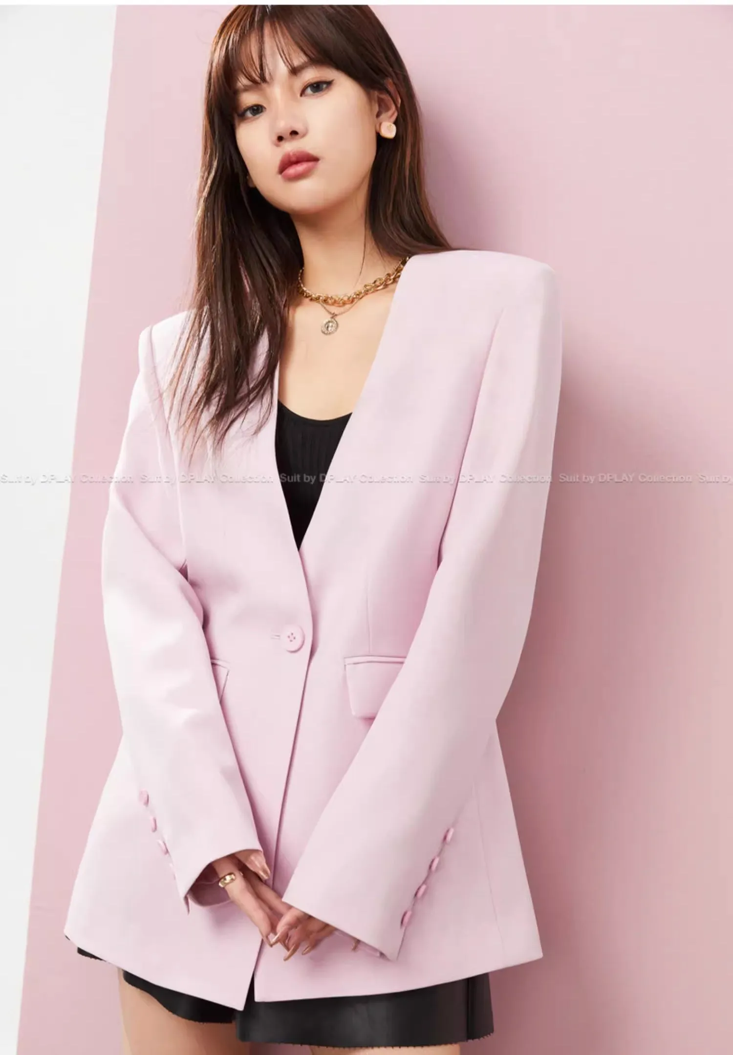 DPLAY pastel pink loose deep V-neck one button suit blazer - Rilo