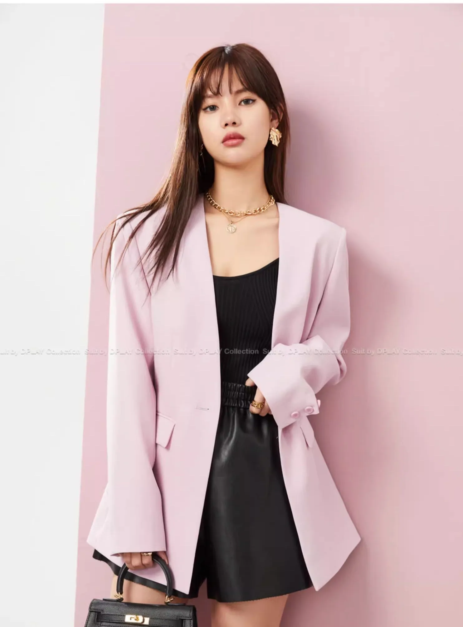 DPLAY pastel pink loose deep V-neck one button suit blazer - Rilo