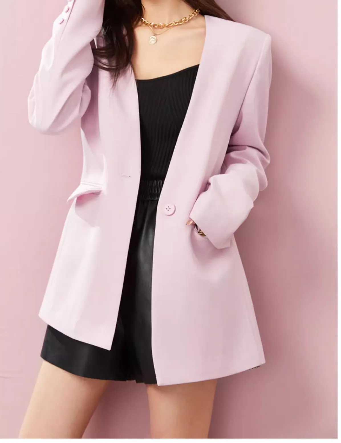 DPLAY pastel pink loose deep V-neck one button suit blazer - Rilo