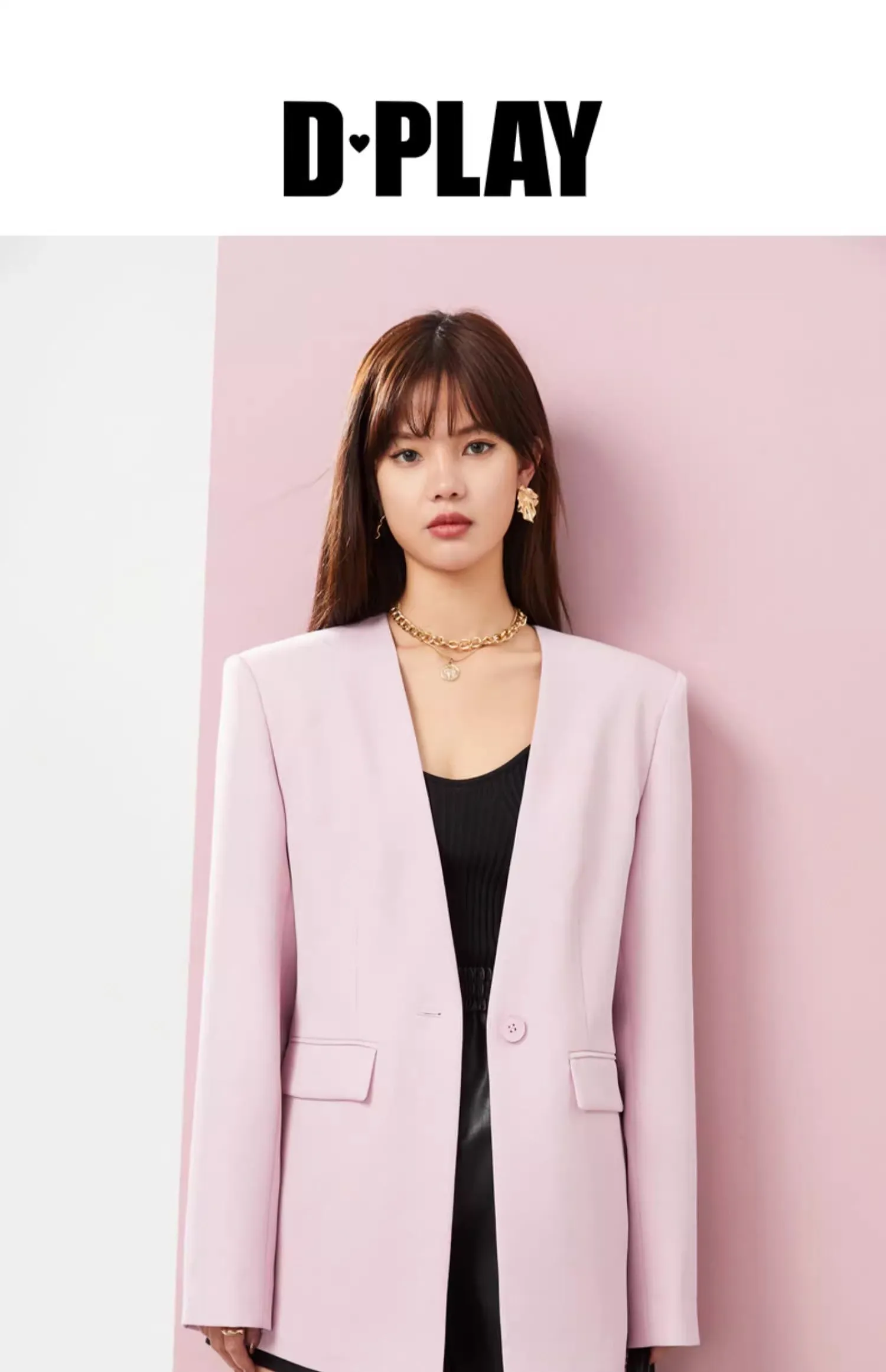 DPLAY pastel pink loose deep V-neck one button suit blazer - Rilo