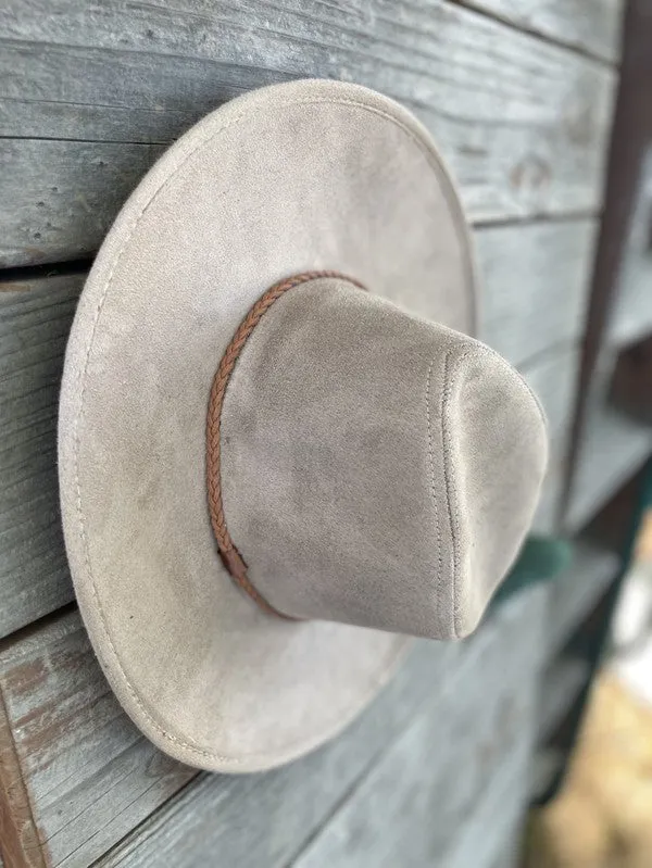 Faux suede wide brim panama hat with braided band