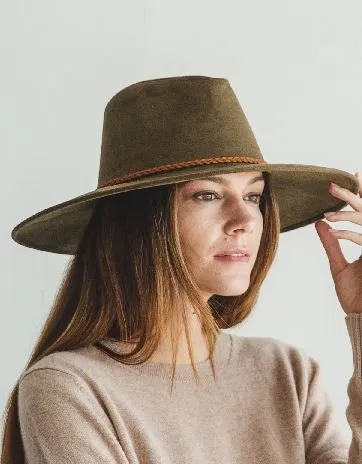 Faux suede wide brim panama hat with braided band