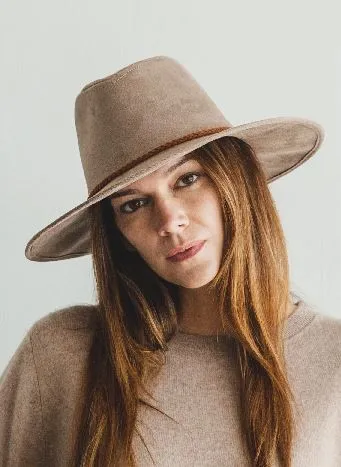 Faux suede wide brim panama hat with braided band