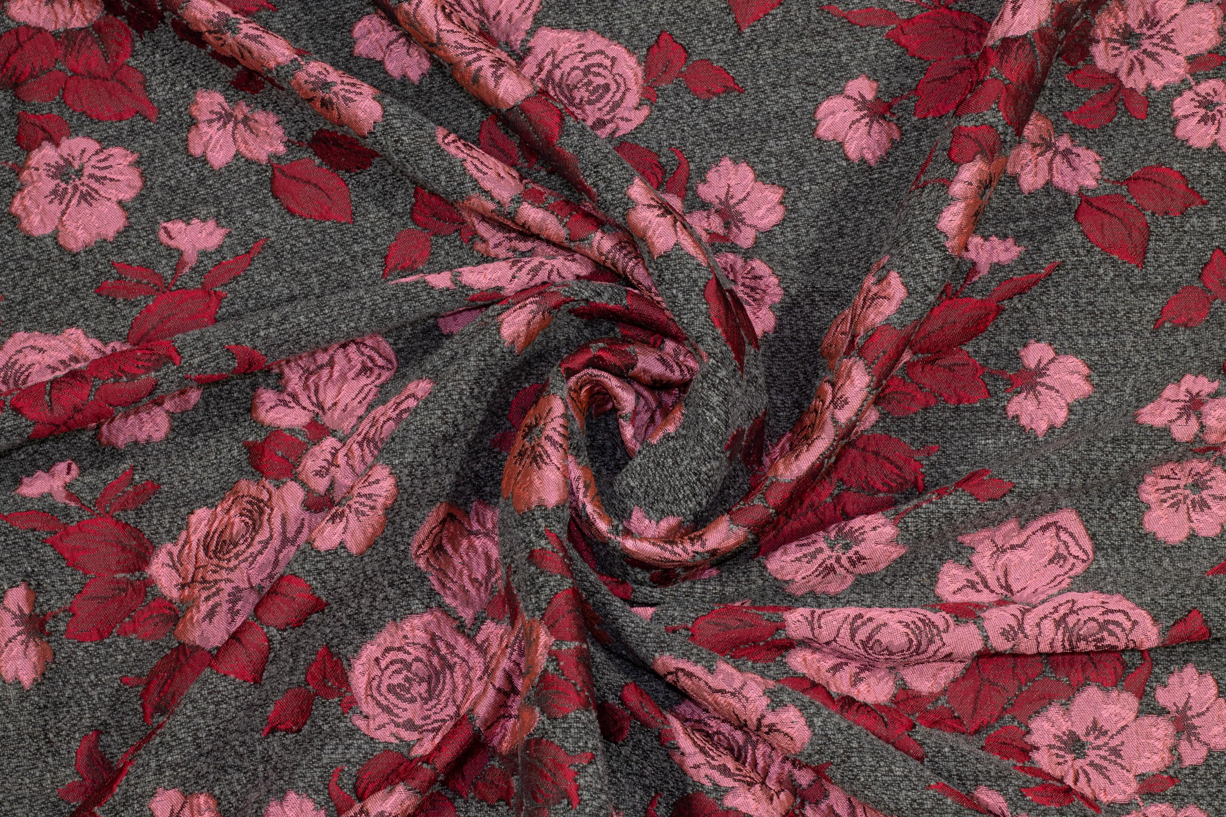 Floral Italian Boucle Brocade - Pink / Red / Gray