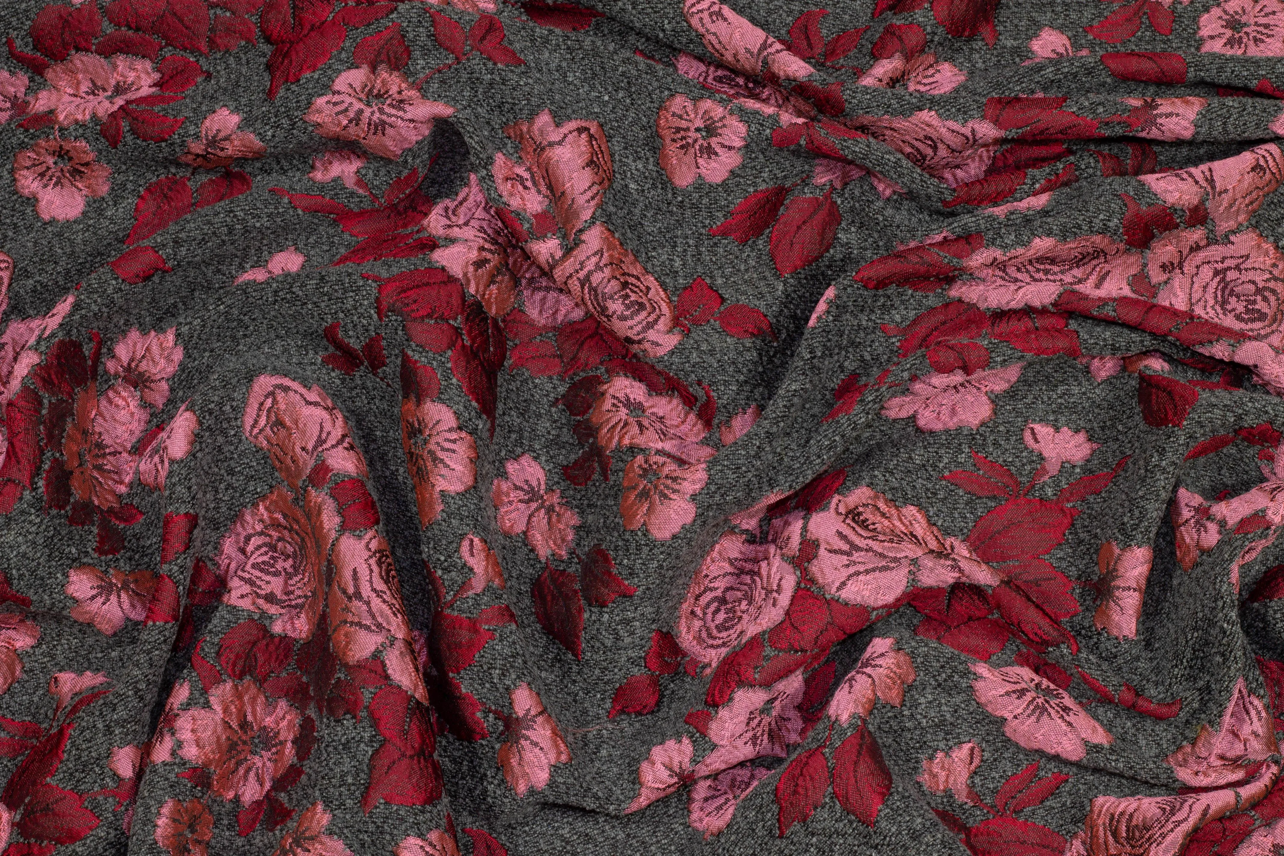 Floral Italian Boucle Brocade - Pink / Red / Gray