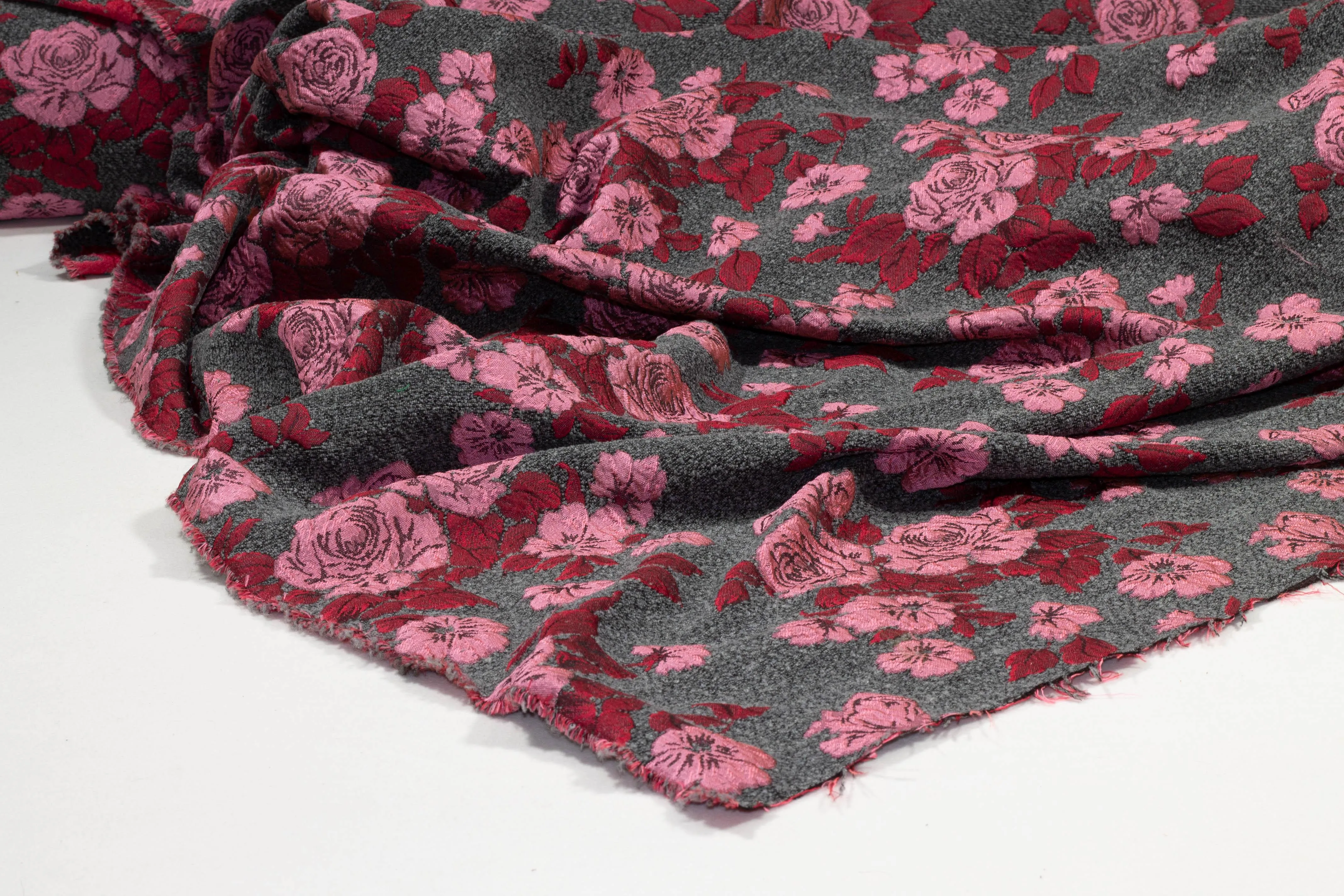 Floral Italian Boucle Brocade - Pink / Red / Gray