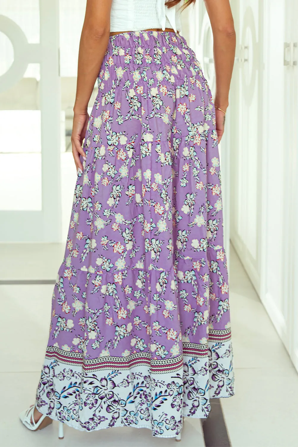 Floral Shirred High Waist Maxi Skirt