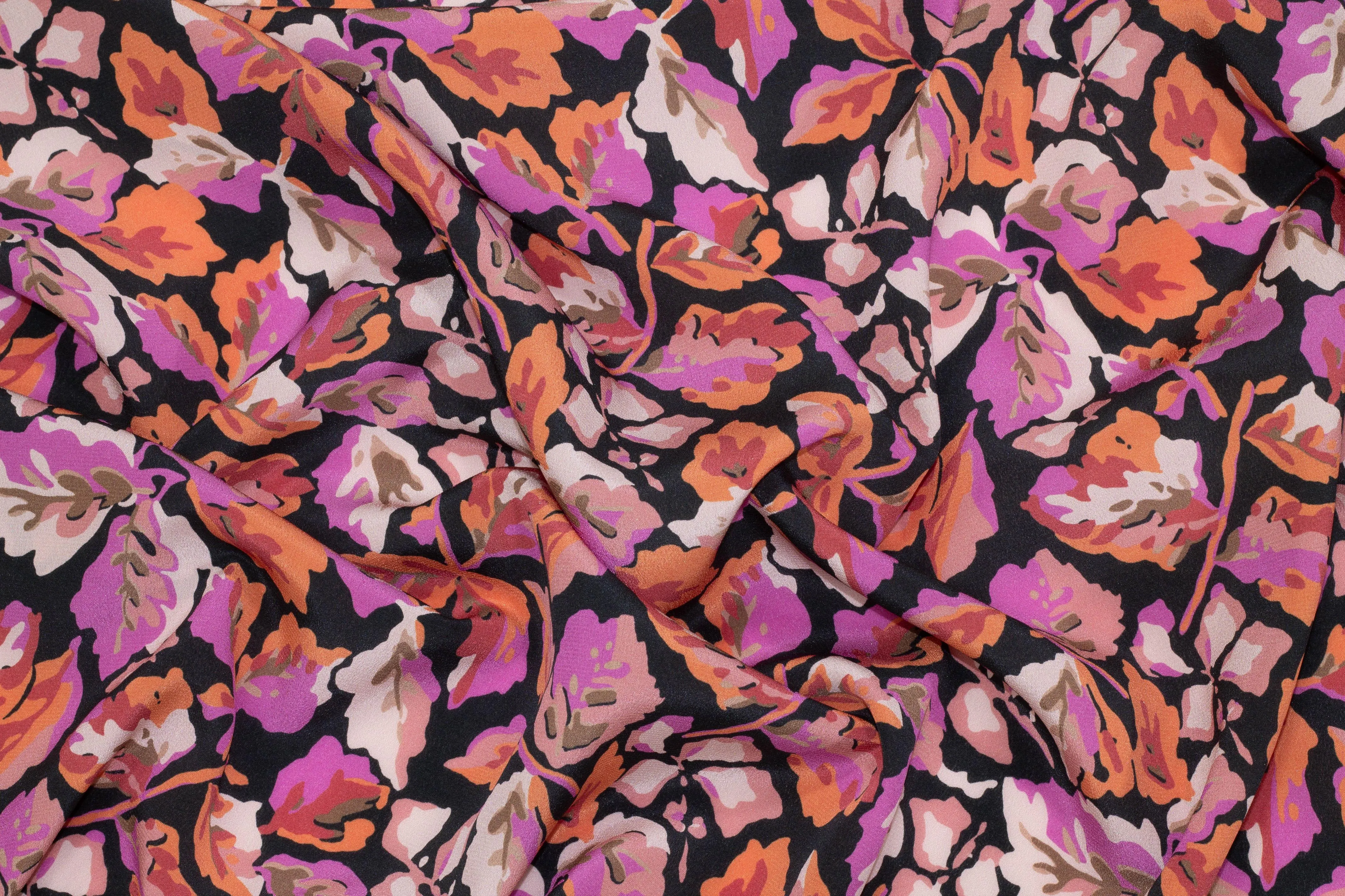 Floral Silk Crepe De Chine - Purple, Orange, Peach, Black