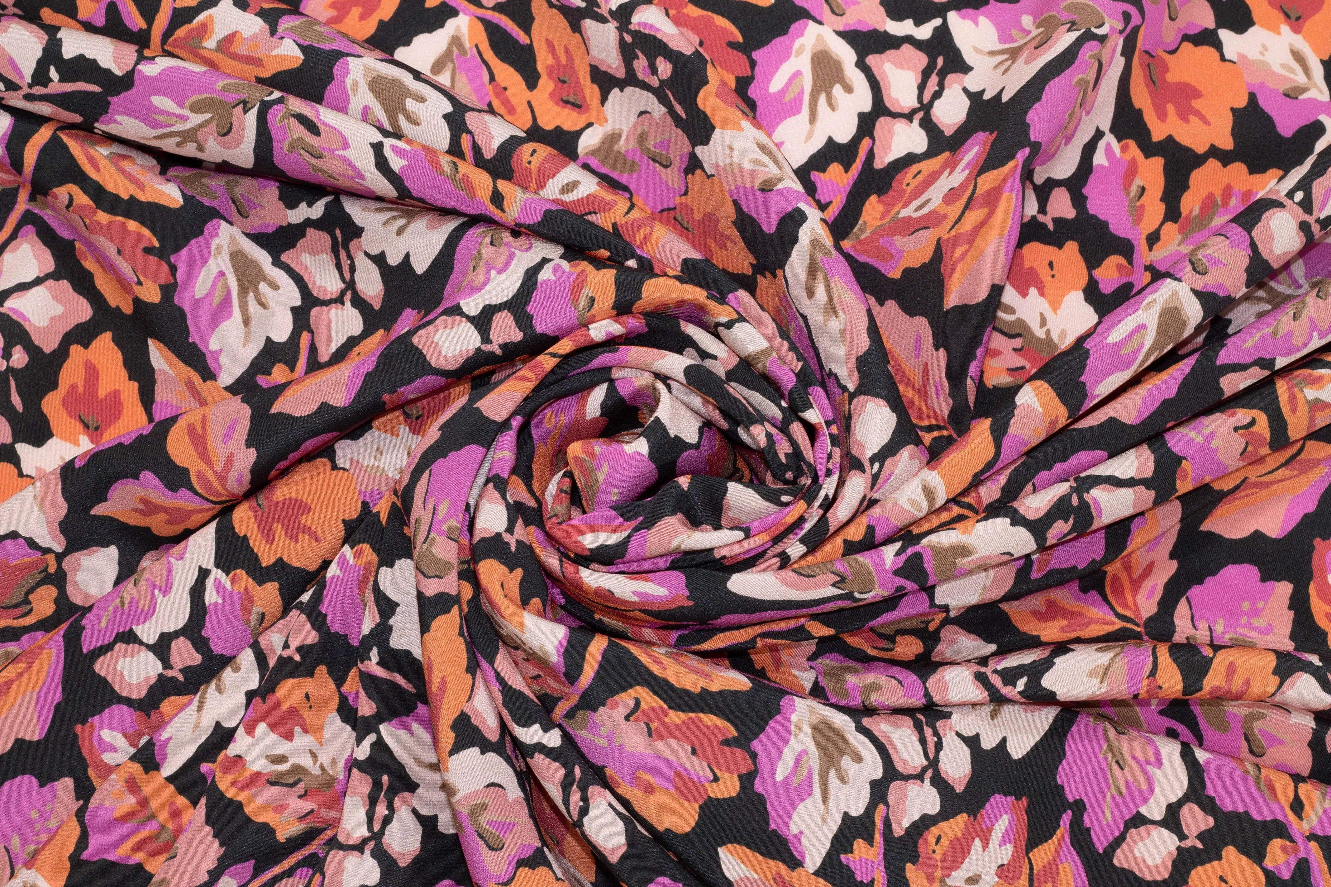 Floral Silk Crepe De Chine - Purple, Orange, Peach, Black