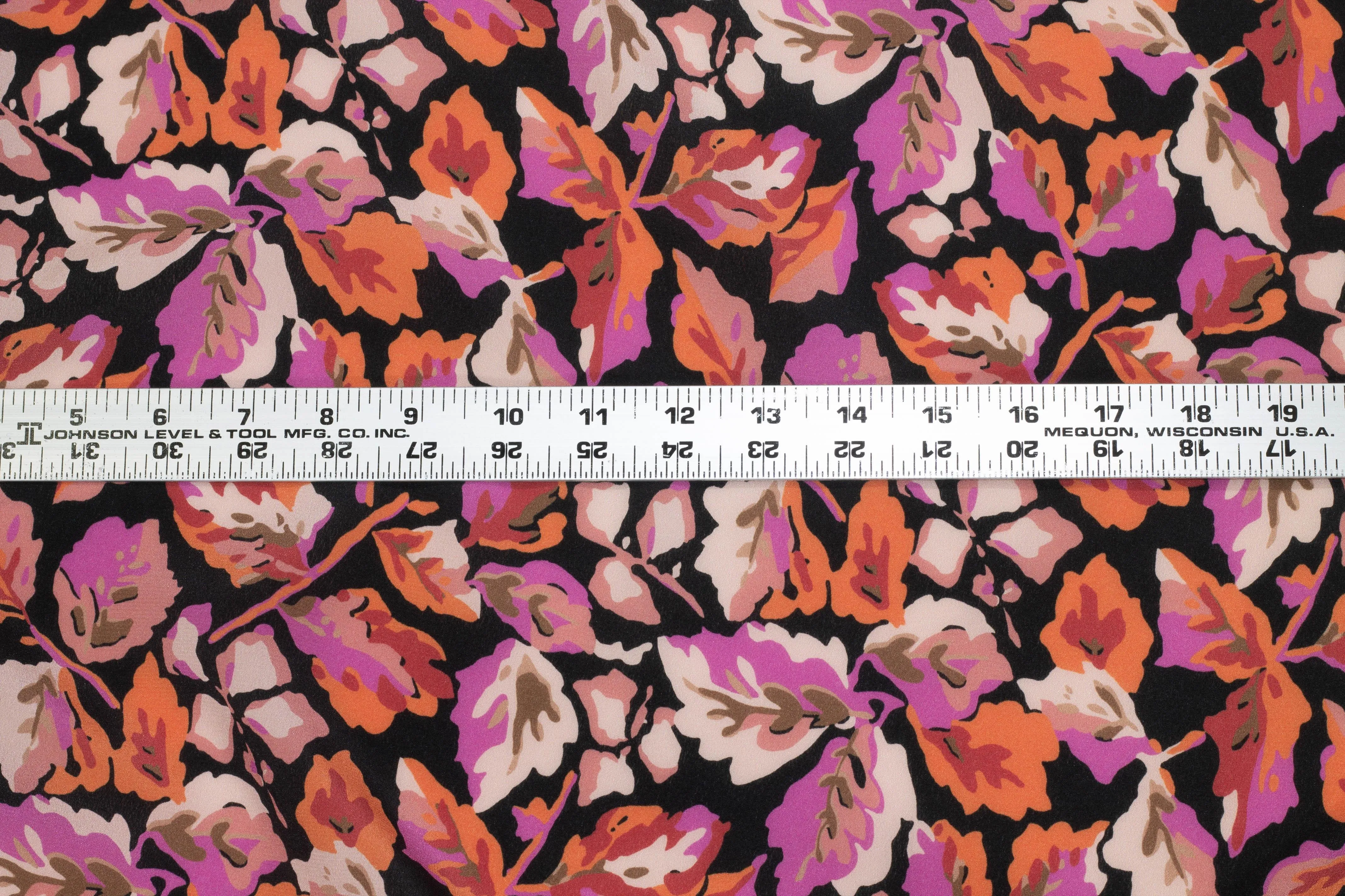 Floral Silk Crepe De Chine - Purple, Orange, Peach, Black