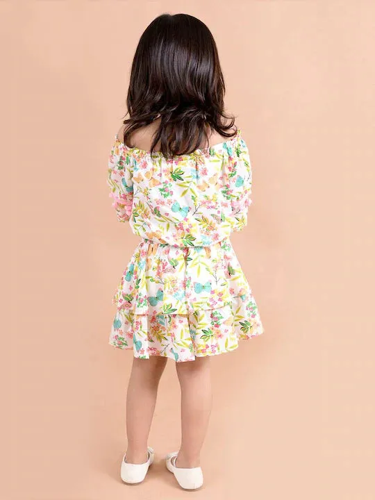 Girls Multi Color Floral Printed Top With Skirt - Ps Peaches