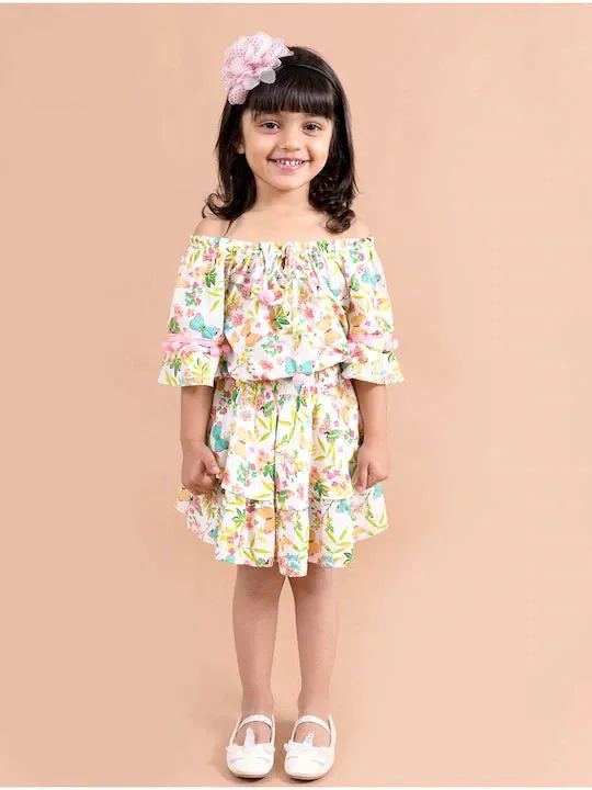 Girls Multi Color Floral Printed Top With Skirt - Ps Peaches