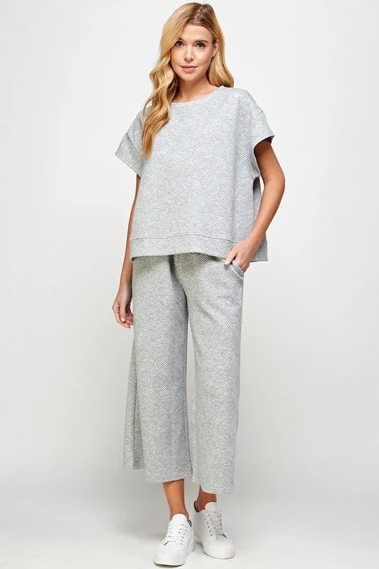 Grey Textured Cropped Wide Pants