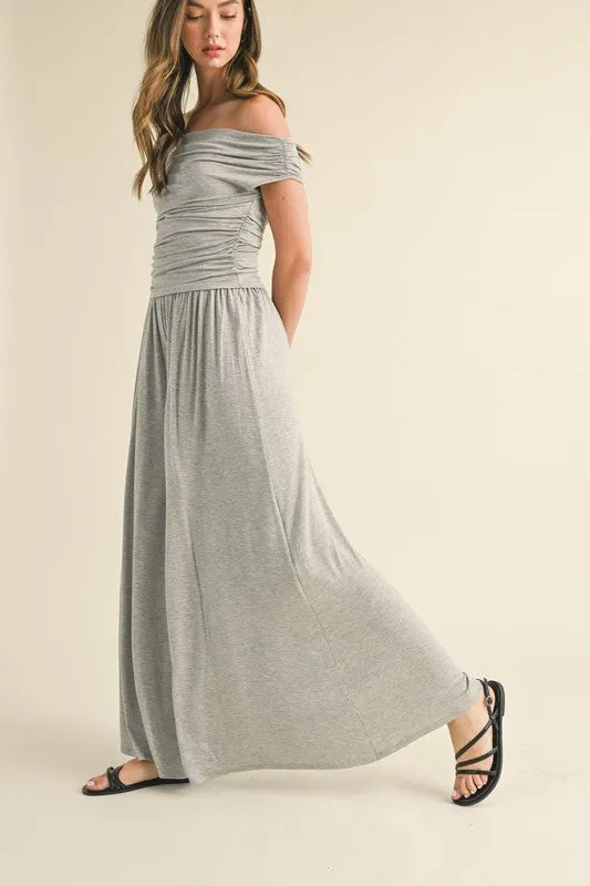 H Grey Off Shoulder Top With Shirring And Palazzo Pants