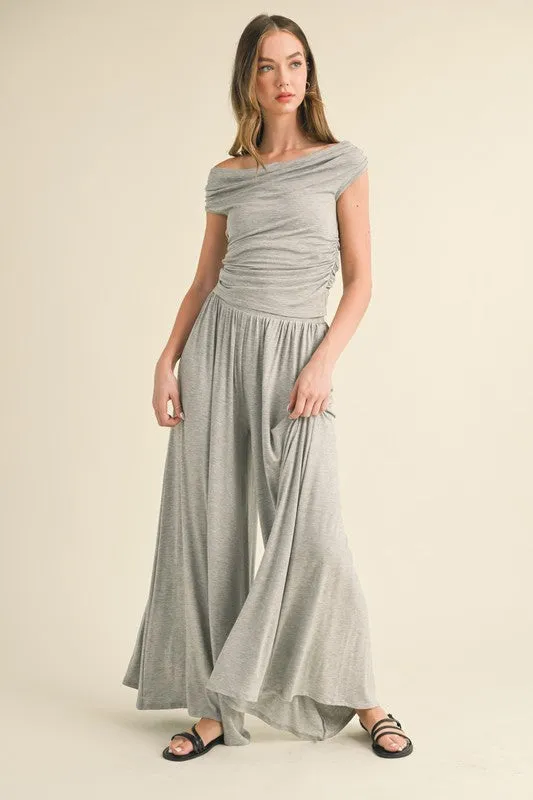 H Grey Off Shoulder Top With Shirring And Palazzo Pants