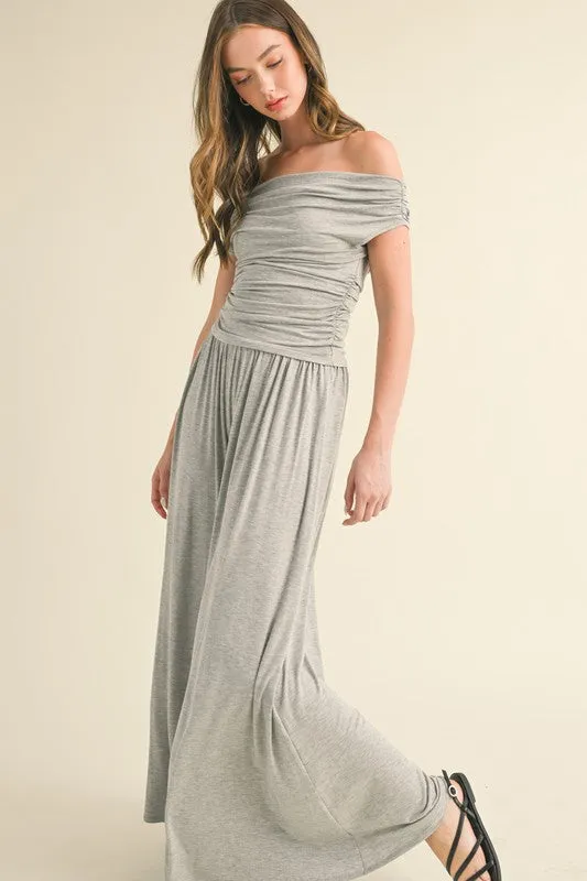 H Grey Off Shoulder Top With Shirring And Palazzo Pants