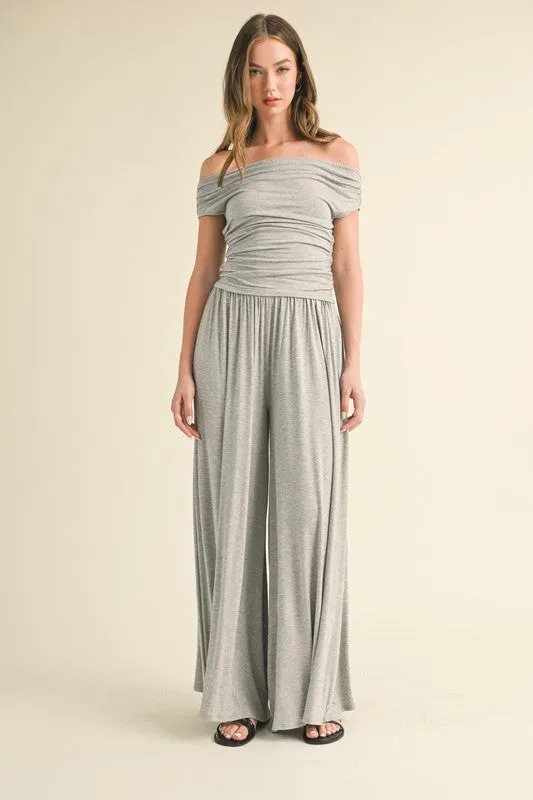 H Grey Off Shoulder Top With Shirring And Palazzo Pants