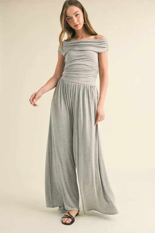 H Grey Off Shoulder Top With Shirring And Palazzo Pants