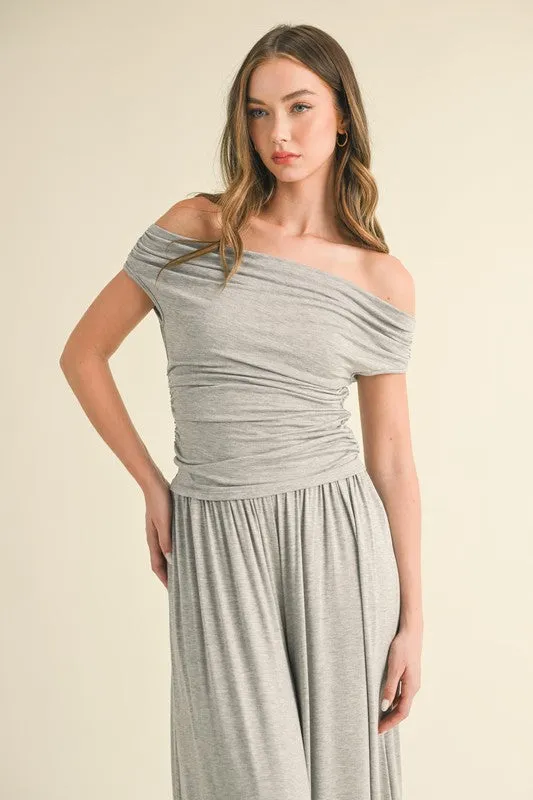 H Grey Off Shoulder Top With Shirring And Palazzo Pants