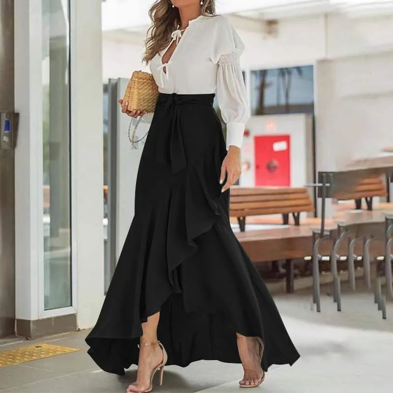 High Waist Belted Ruffles Skirt