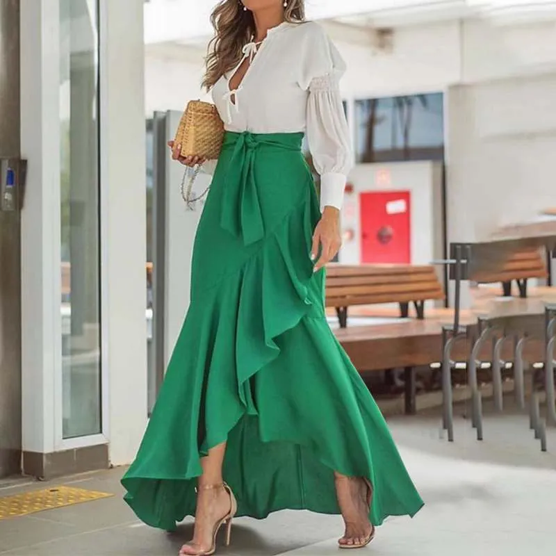 High Waist Belted Ruffles Skirt