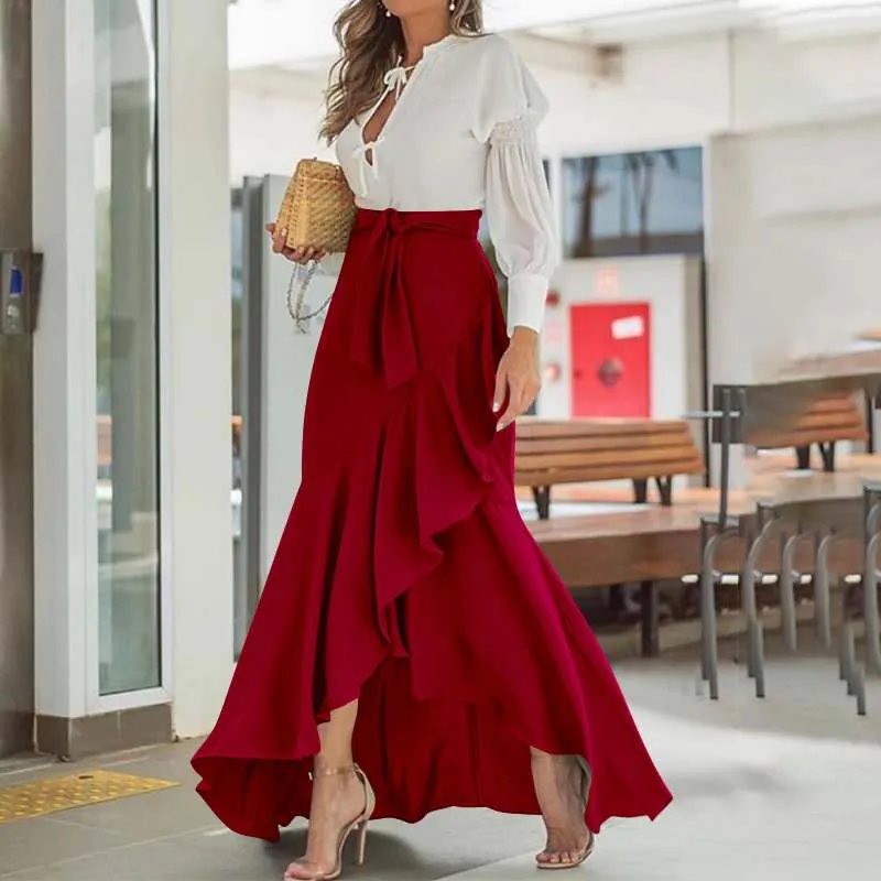 High Waist Belted Ruffles Skirt