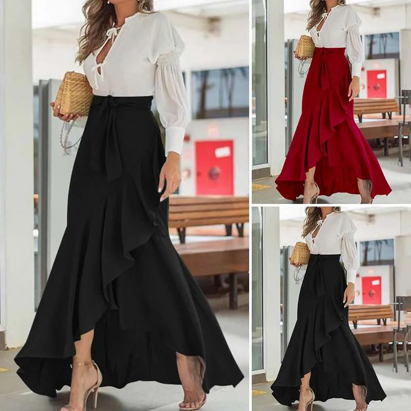 High Waist Belted Ruffles Skirt