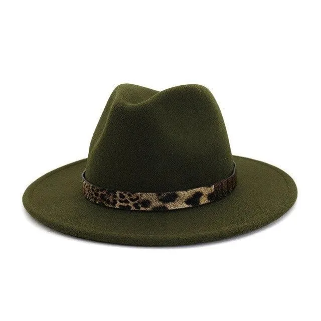 Leopard Grain Felt Wide Brim Plain Felted Woolen  Fedora Hat