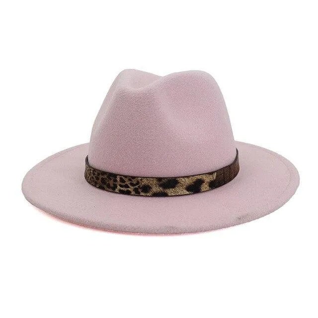 Leopard Grain Felt Wide Brim Plain Felted Woolen  Fedora Hat