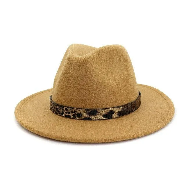 Leopard Grain Felt Wide Brim Plain Felted Woolen  Fedora Hat