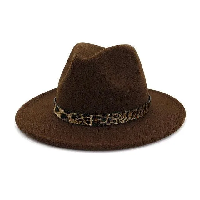 Leopard Grain Felt Wide Brim Plain Felted Woolen  Fedora Hat