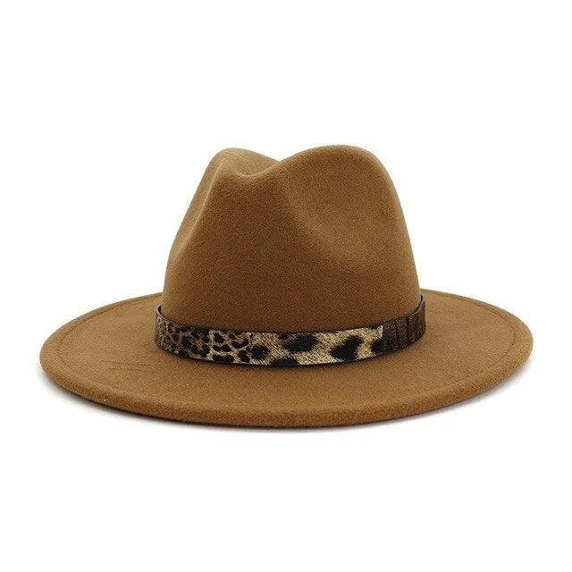 Leopard Grain Felt Wide Brim Plain Felted Woolen  Fedora Hat