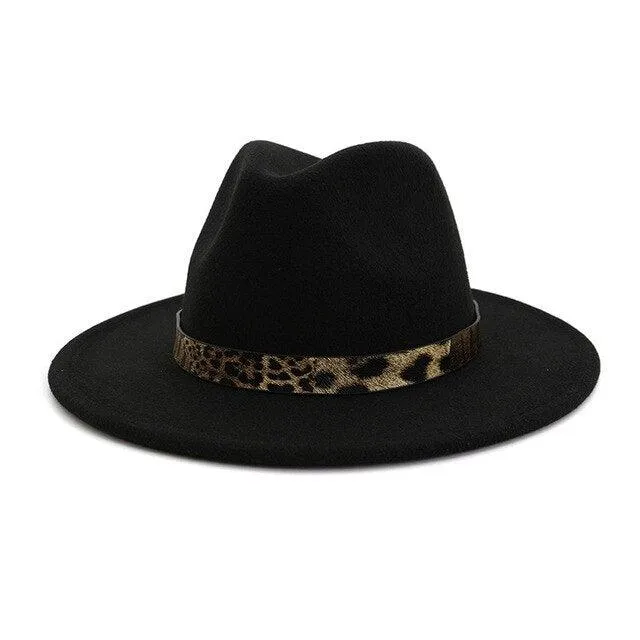 Leopard Grain Felt Wide Brim Plain Felted Woolen  Fedora Hat