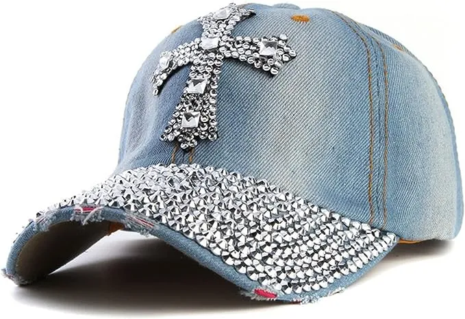 Light Blue Cross Rhinestone Fashion Caps