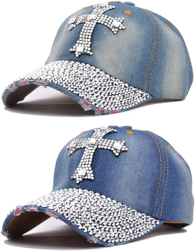 Light Blue Cross Rhinestone Fashion Caps